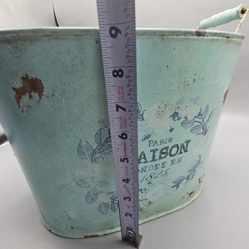 French Paris Maison Farmhouse Robins Egg Blue Wood Handle Bucket Distressed